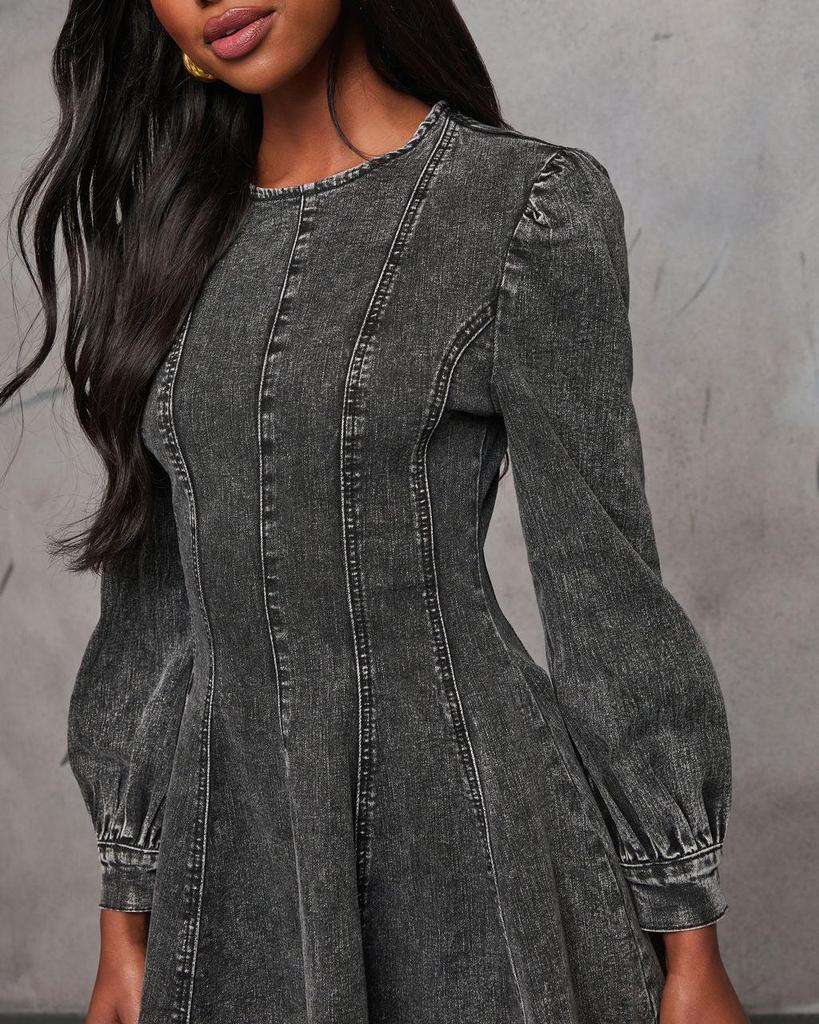 Elegant Autumn Patchwork Waist-Cinching Denim Dress - Long-Sleeved for Women