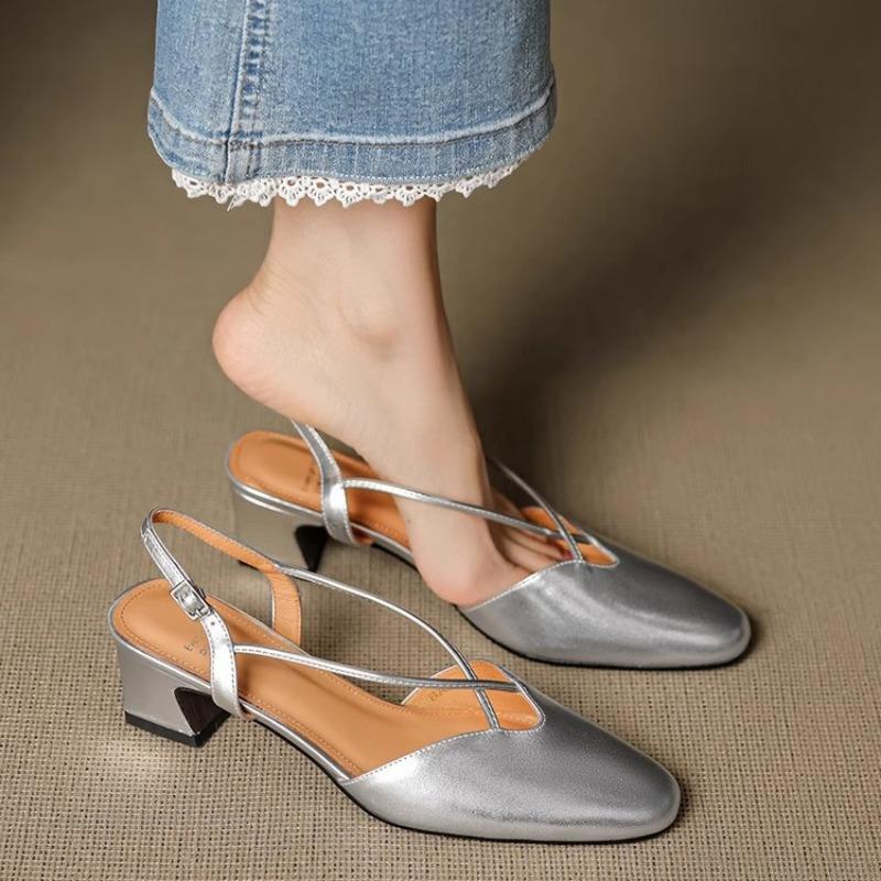 cm thick heel leather retro cross with bag head sandals women's summer temperament empty silver high heel Mary Jane single shoes