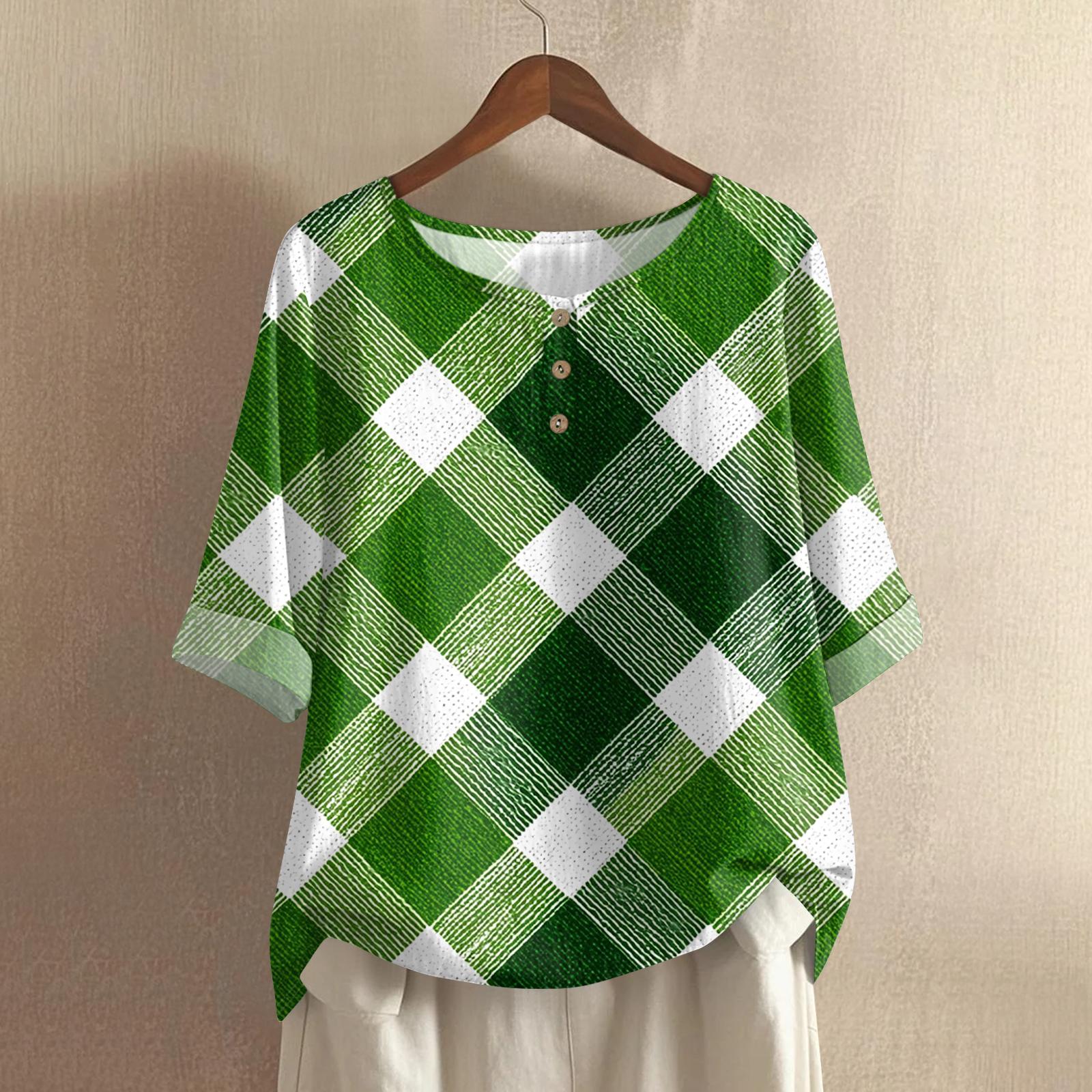 

Women s St. Patrick s Day Printed Casual Mid Sleeved Round Neck Cotton And Linen Top S