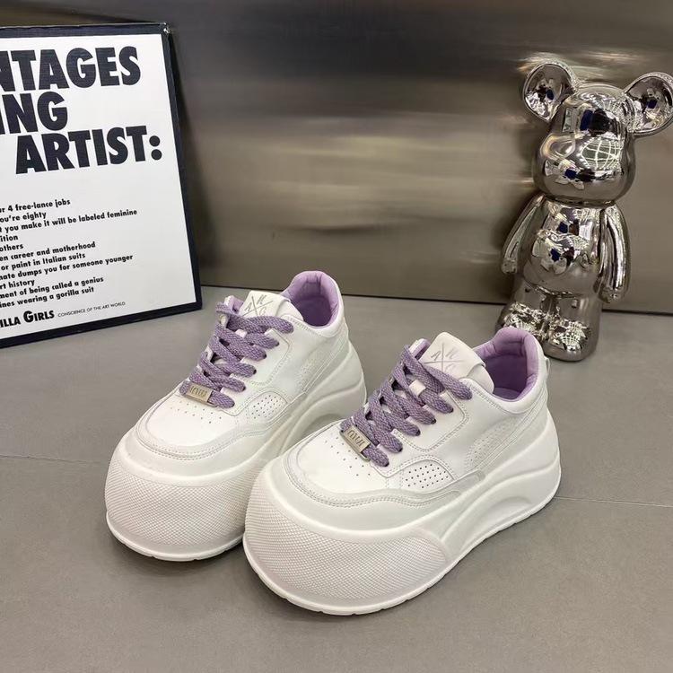 Soft leather thick-soled heightening casual board shoes 2025 spring new round head soft-soled versatile lace-up with skirt little white shoes