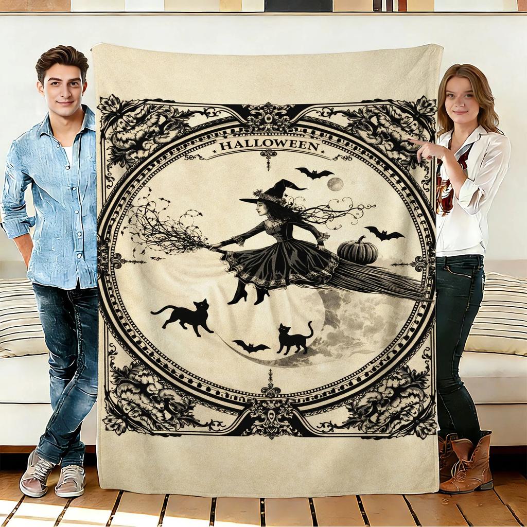 Vintage Witch Flannel Blanket Bats Halloween Decoration Gothic Soft Cozy Blanket