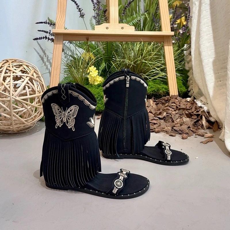 

2025 новые ботильоны с круглым носком, вышивкой бабочки, скрытой платформой, бахромой, женственные, повседневные, универсальные, на толстой подошве, с открытым носком, крутые ботинки 39 чёрный