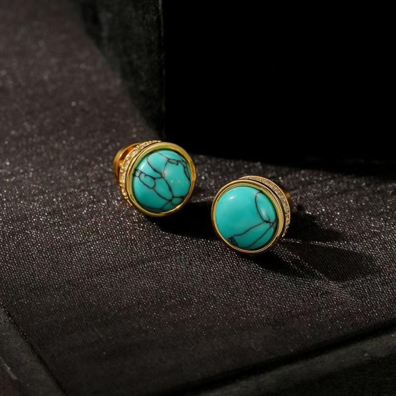 Fashion Light Luxury Retro Imitation Turquoise Stud Earrings, Simple and Versatile Temperament Earrings for Women