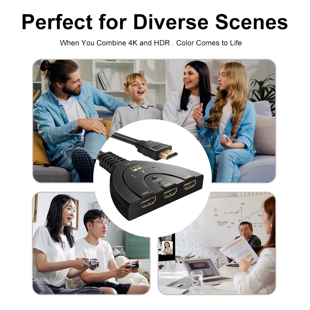 3-Port HDMI-Compatible Switcher Selector 4K/1080P with 1.8FT HDMI-Compatible Cable 3 in 1 Out for PS4 Xbox DVD Player Fire Stick