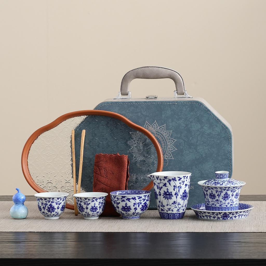 Ceramic retro Yuanqinghua travel tea set tea ceremony high-end souvenir business merchandise gifts can be done