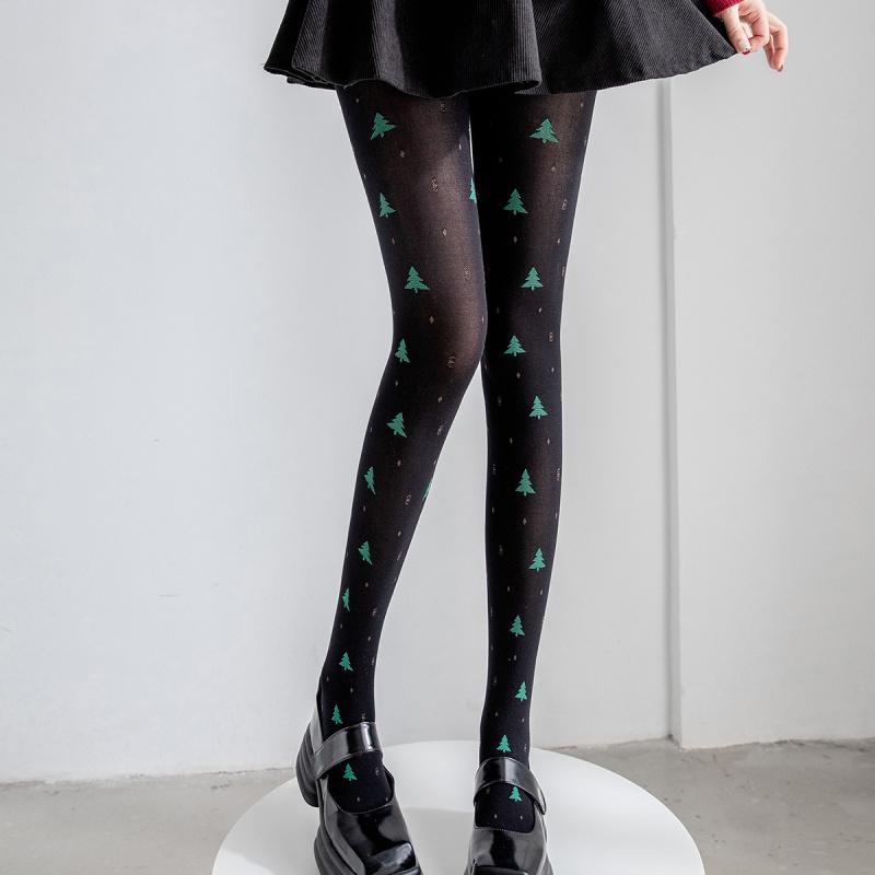 Spring and Autumn New Christmas Tree Reindeer Jacquard Retro Base Pantyhose Cute Sweet Stockings for Women