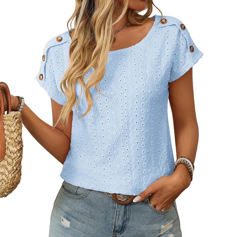 Women's Spring and Summer New Solid Colour Round Neck Button Short-sleeved T-shirt Hollowed Out Tops
