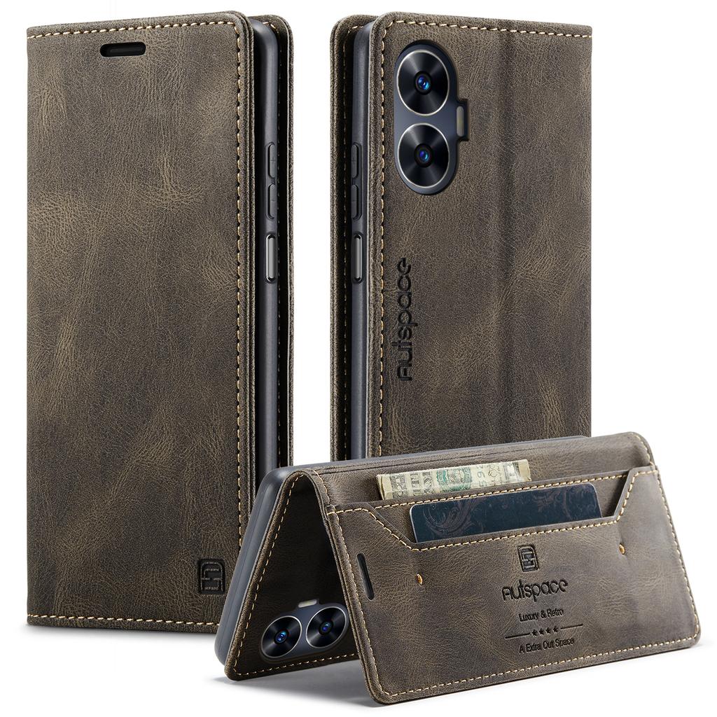 Pro Realme C55 4G Peněženkové pouzdro AUTSPACE A01 Kožený stojánek s držitelem karet s RFID blokováním