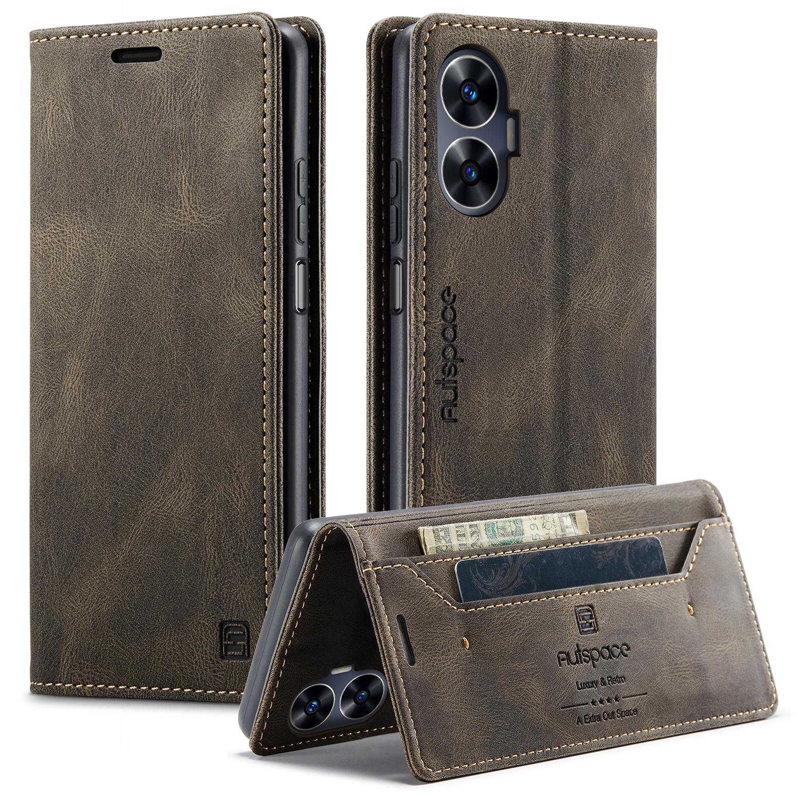 

Для Realme C55 4G Чохол-гаманець AUTSPACE A01 Шкіряна підставка-обкладинка з блокуванням RFID та тримачем для карток Coffee