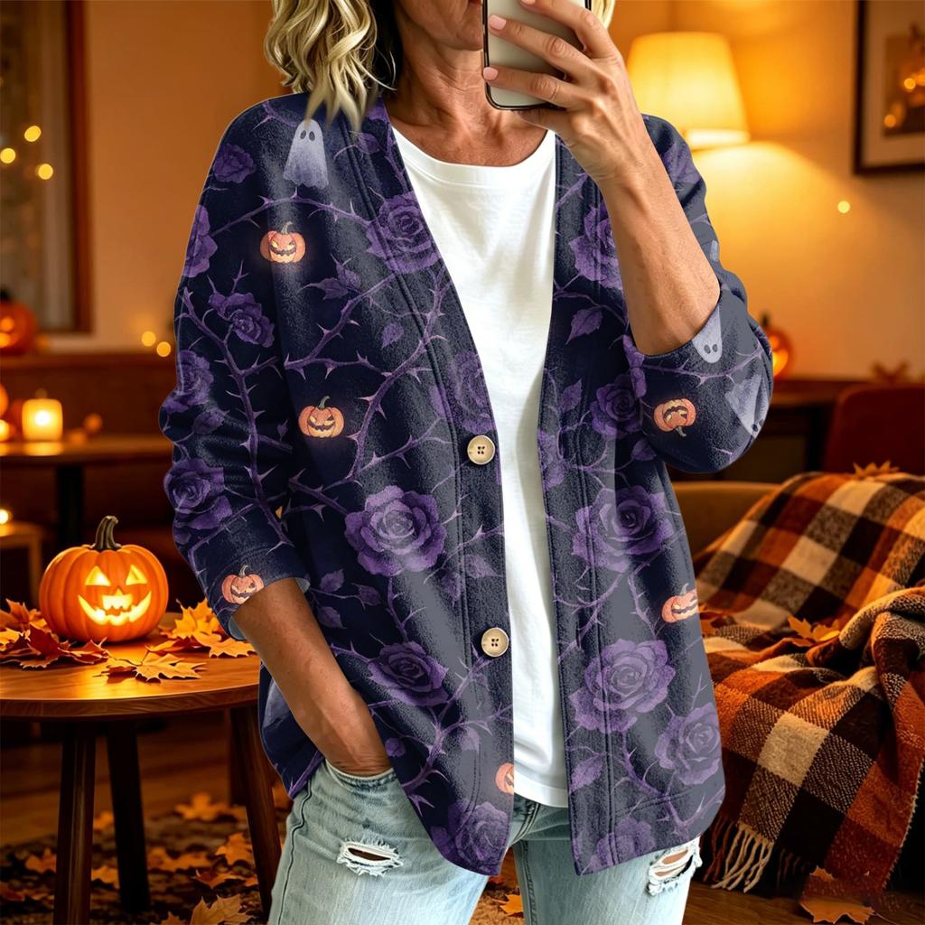 Women's Casual Long Sleeve Jacket with Halloween Print for Fall Daily Wear