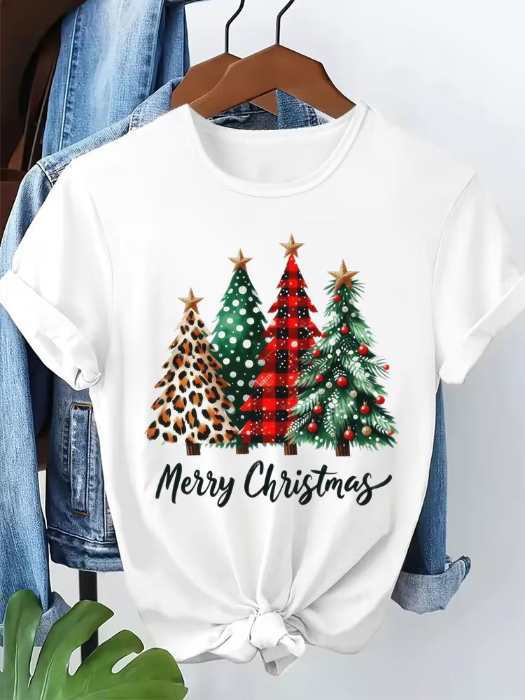 (Asian Size) letter style  Short Sleeve T-shirts  Merry Christmas Women's Top O-neck T Shirt Print  Fashion Casual New Year Clothing Graphic Tee