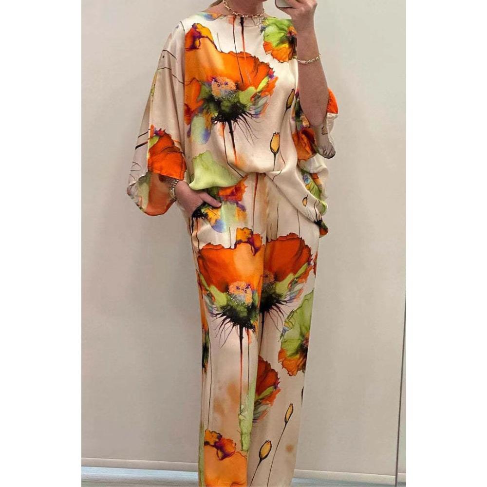 

QICED Летний и Осенний Городской Элегантный Твидовый Комплект с Открытым Плечом, Свободного Кроя, с Принтом, Рукавами Летучая Мышь и Длинными Брюками XL оранжевый