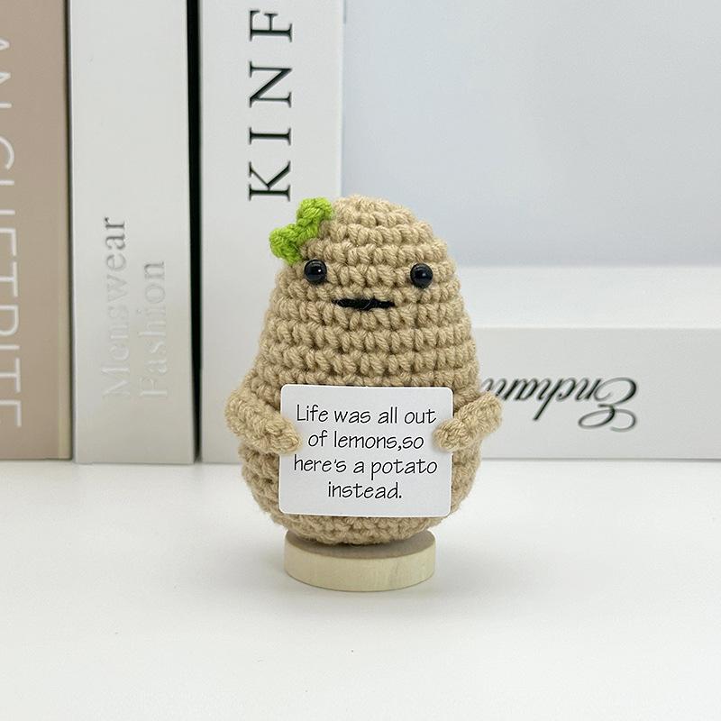 Funny Positive Crochet Cow Doll Desktop Ornament Handmade Cheer Emotional Support Positive Cow with Card Home Party Decoration