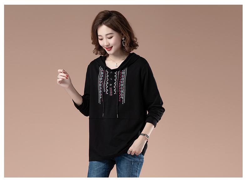 Women's Ethnic Style Cotton Hooded Sweatshirt - 2025 Spring/Autumn, Thin, Plus Size, Casual for Middle-Aged Mothers