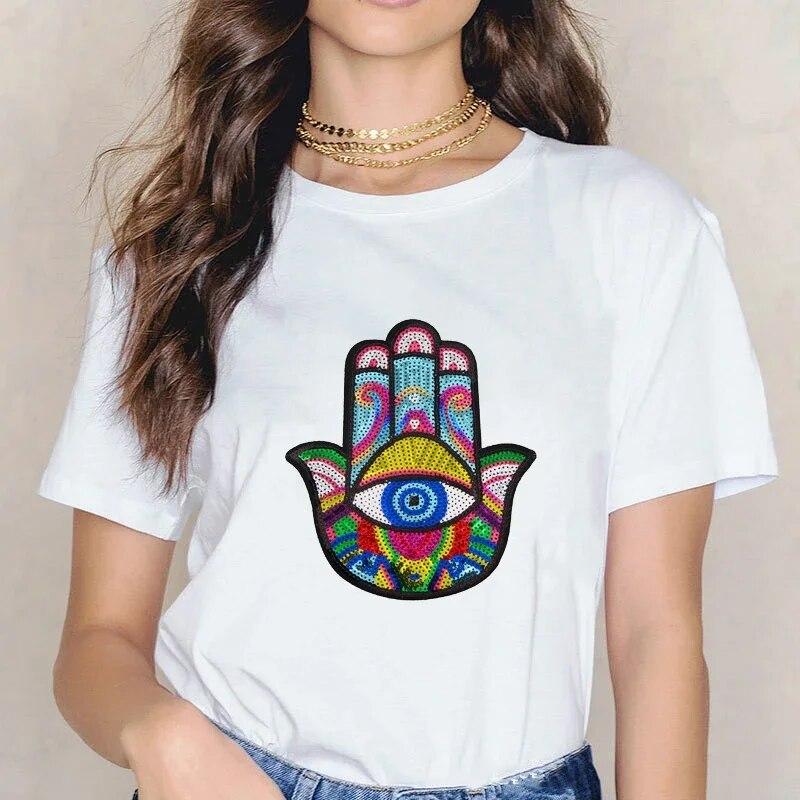 Hamasa Hand of Fatima Tryck WoUnisex T-shirts Lyckobringande Hamsa Hand Harajuku Unisex T-shirts Sommar Kort Ärm Svart Topp T-shirts FeUnisex Unisex