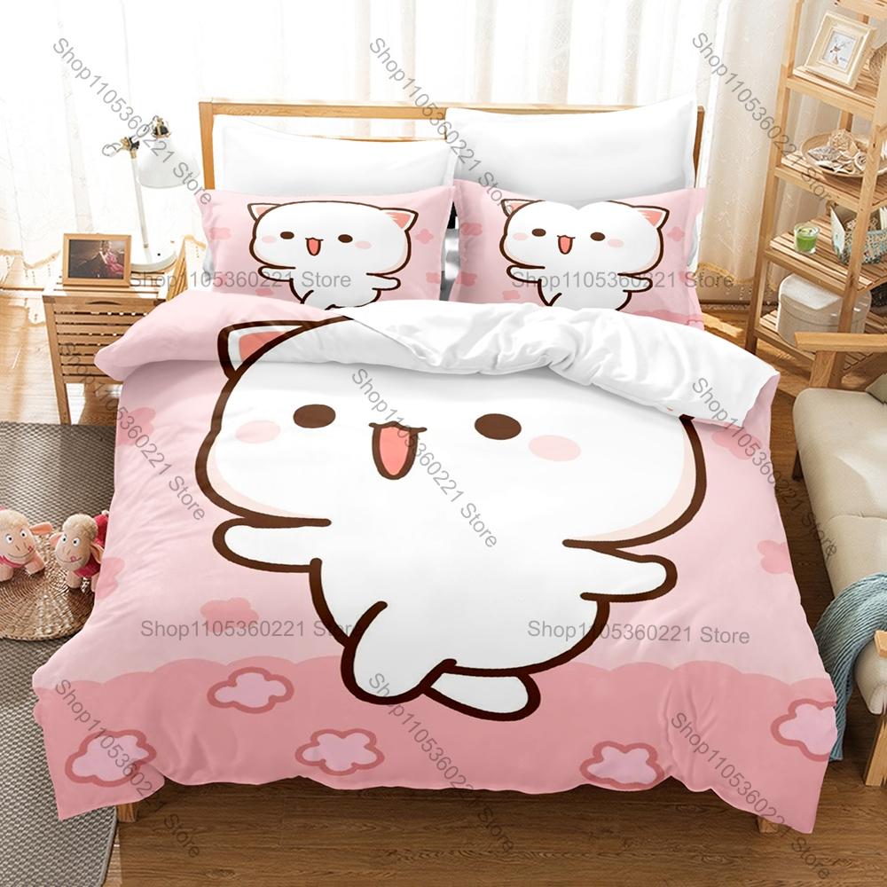 Popular Peach Cat IP Duvet Cover + 2 Pillowcases, Lovely Pink Cat Pattern Bedding Set for Fan Collection