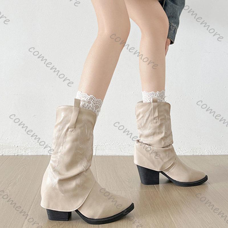 Fashion Comemore Vintage Autumn Thick High Heels Women Western Cowboy Mid-calf Boots Fashion Ladies Slip On Embroidery Short Booties