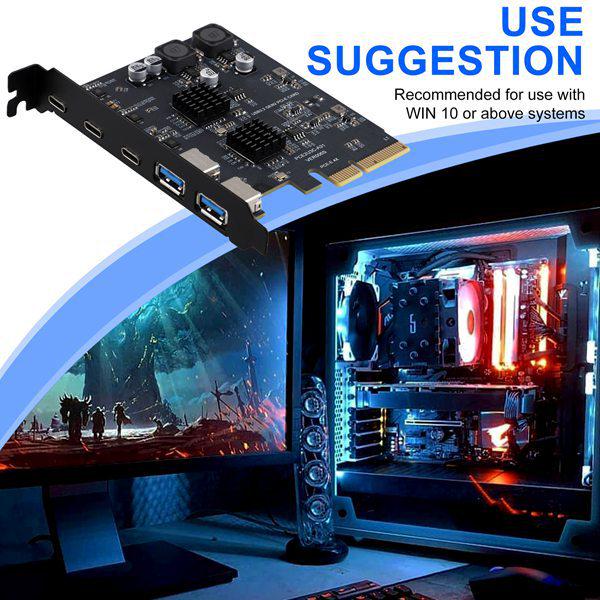 

1-Piece USB 3.2 Expansion Card: 3 Type-C & 2 Type-A Ports, PCB Material, As Shown Color None