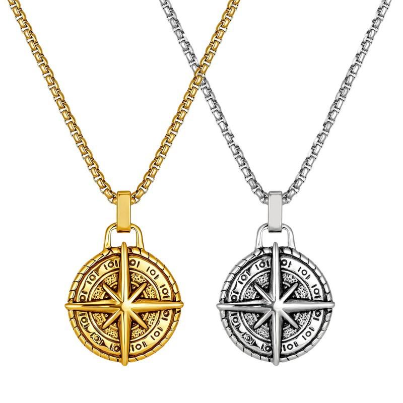 New Retro Compass Stainless Steel Chain Necklace Personalized Hip-hop Punk Style Long Fashion