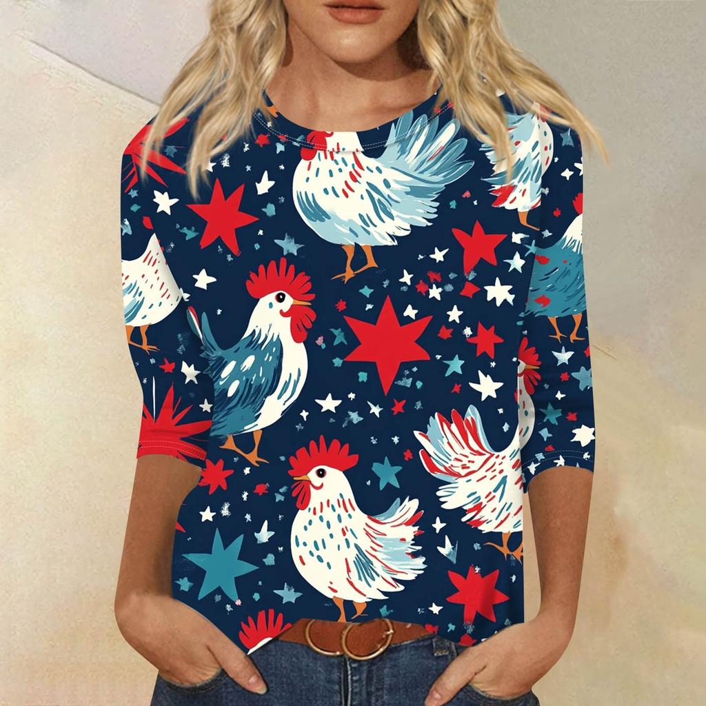 Women's Fashion Casual Round Neck 3/4 Sleeve Loose Printed T-Shirt Ladies Top