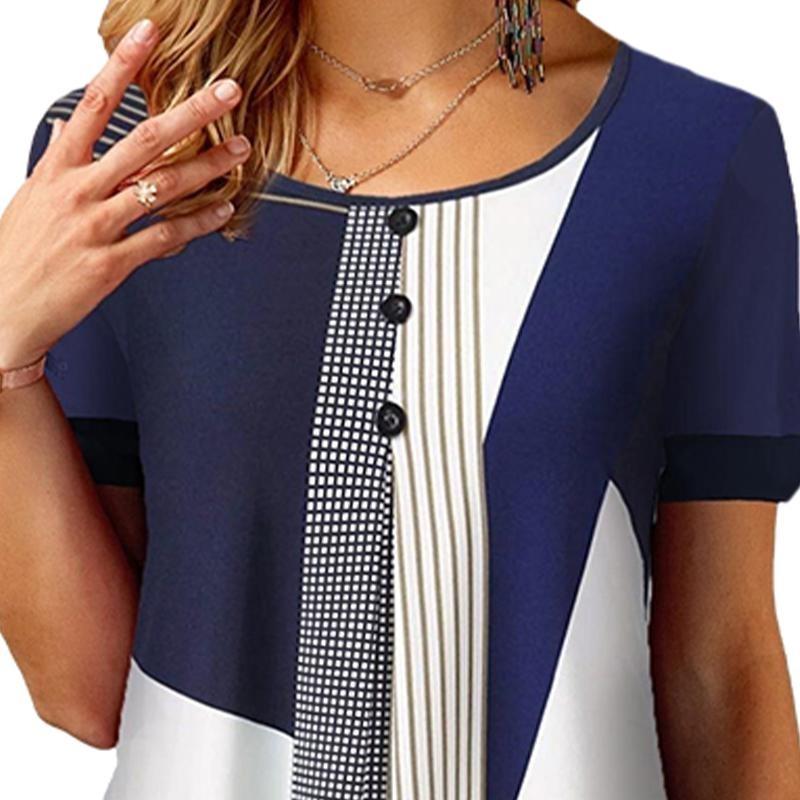 Léto Ženy Volné Topy pro volný čas Korejské Dámské Pruhované Mřížkové Potištěné O Krk Krátké rukávy Nadměrná velikost Maminka Šifonová trička