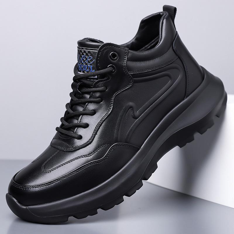 High Quality Cow Leather Sneakers Men Autumn Winter Fashion Casual Cotton Shoes Male High Top Black Sports Platform Shoes Man
