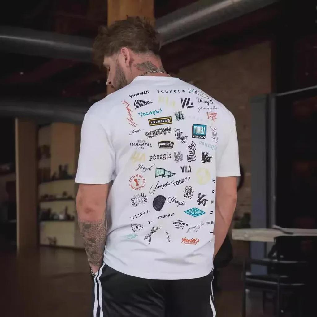 YOUNG LA Men's Loose Fit Cotton T-Shirt - Summer Full Back Print, Short-Sleeved, Round Neck, Casual Fitness Sports Top