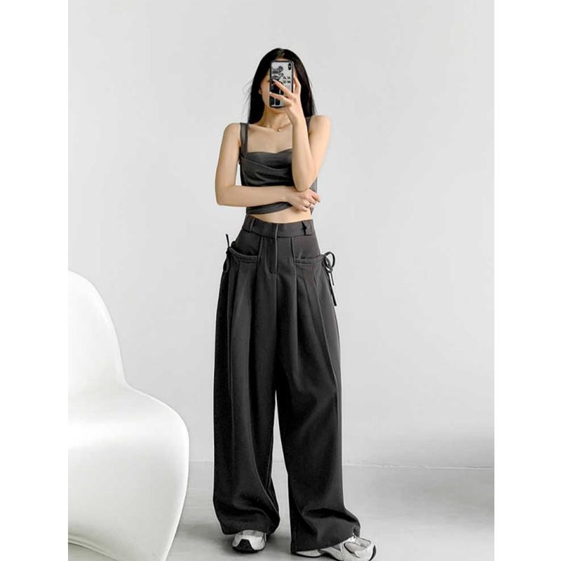 Vintage Style High-waisted Drape Trousers Women Design Sense Side Lacing Fluttering Casual Straight Wide Leg Pants
