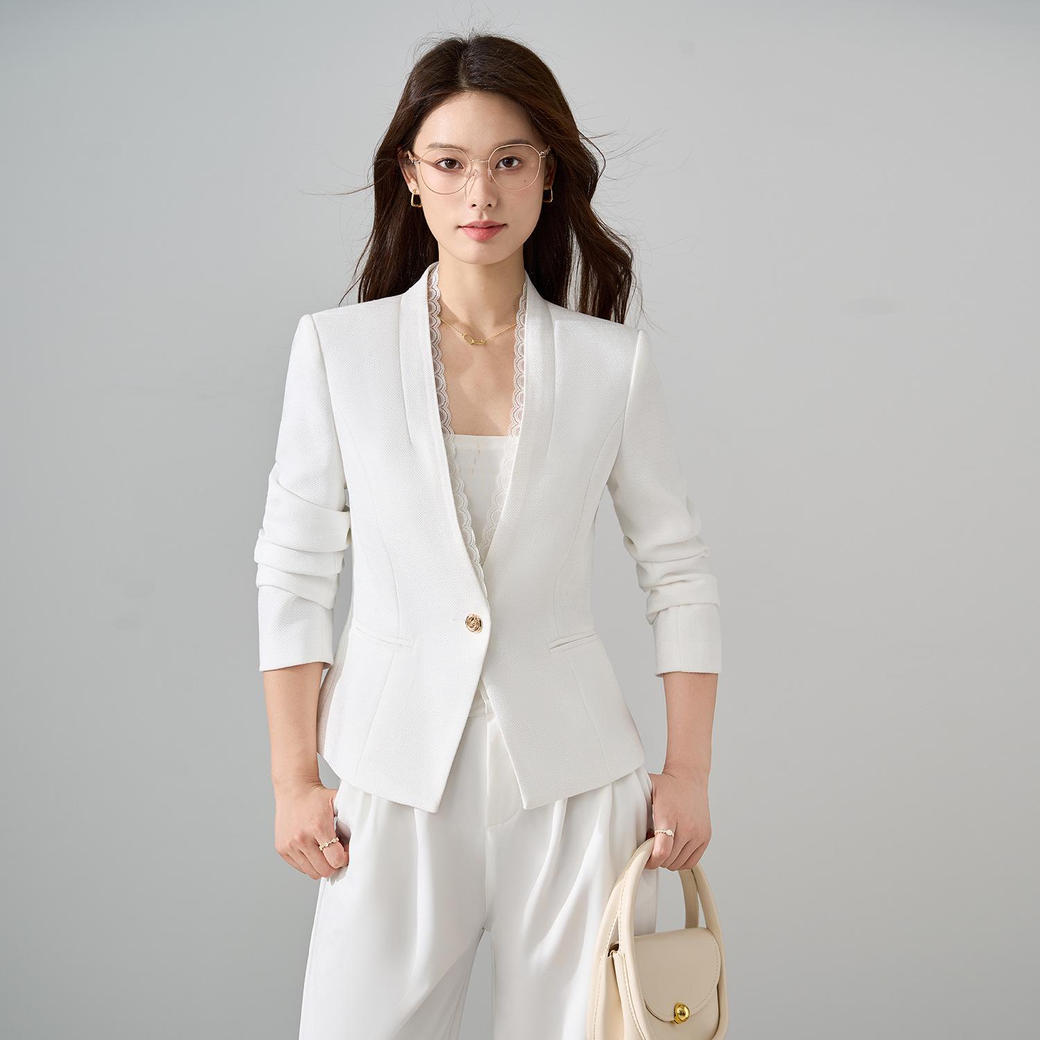 

Женский белый кружевной блейзер с длинным рукавом - Приталенный крой, Короткий стиль, Универсальный для осени 2025 2XL