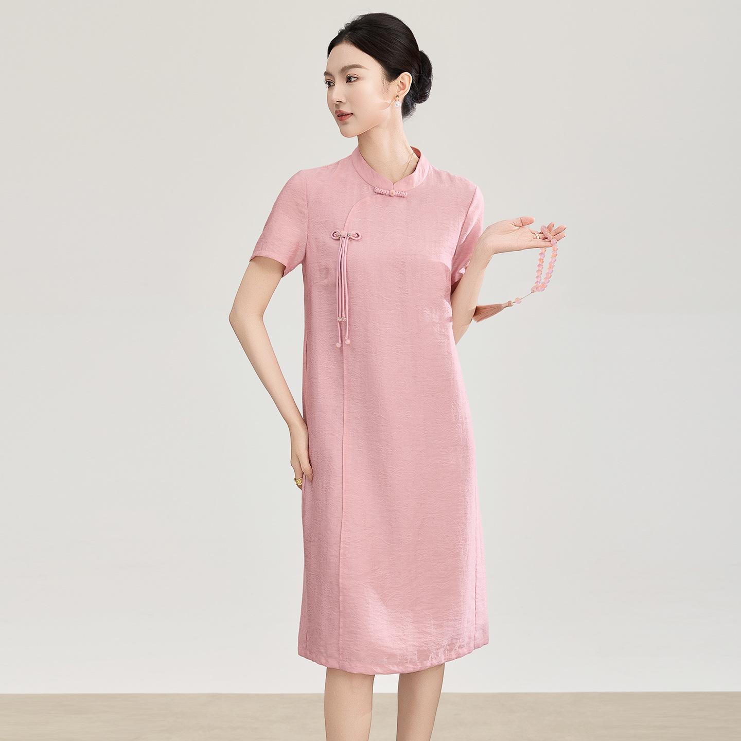 

Elegant Chinese-Style Tencel Jacquard Stand-up Collar Short-sleeved Dress - Spring/Summer S розовый