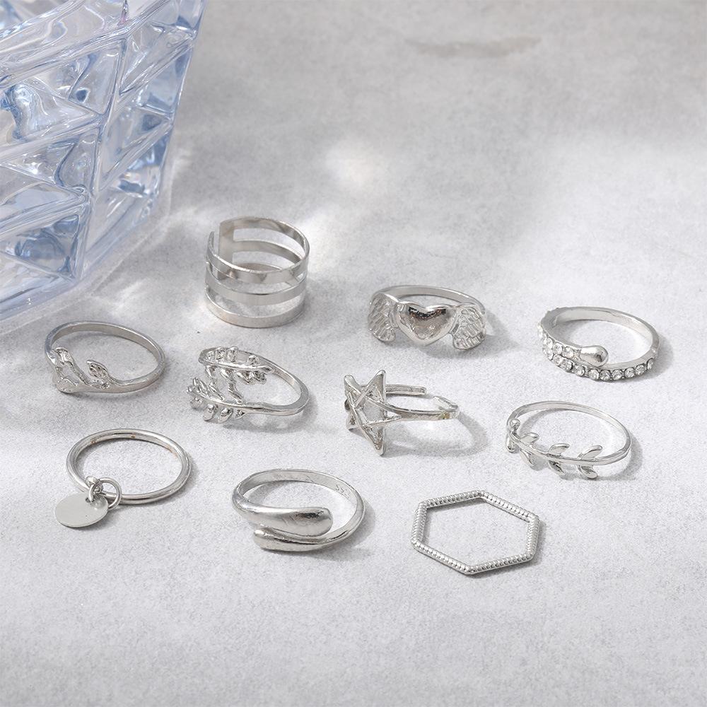Combination Ring, Fashionable Love Leaf Five-Pointed Star Point Diamond Opening 10-Piece Set Ring Jewelry