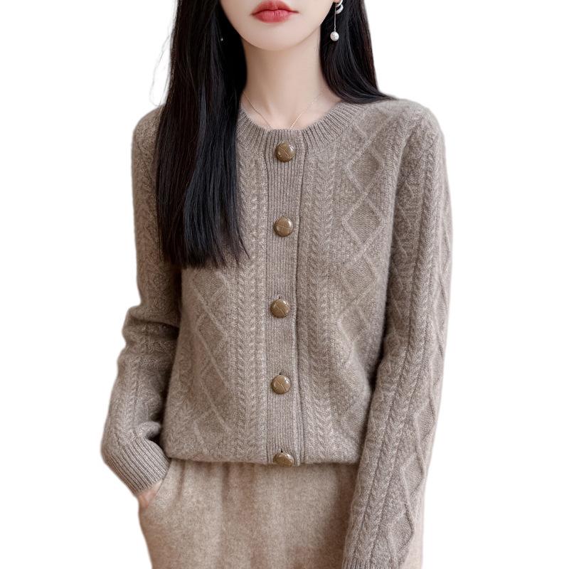 Women's Retro Cable Knit 100% Wool Cardigan - Soft Thickened Old Money Style Sweater Coat
