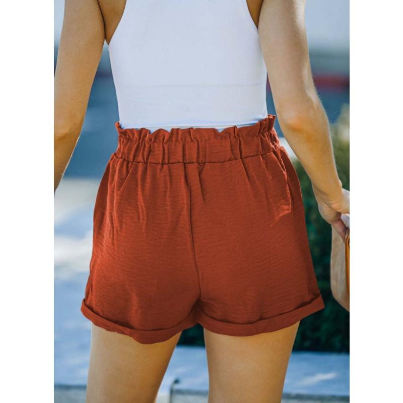 Women Summer Solid Color High Waist Loose Lace Up Pocket Casual Shorts