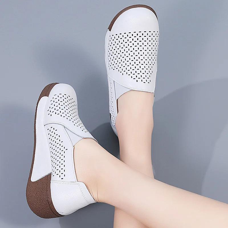 Chaussures compensées décontractées à plateforme pour femmes, chaussures blanches à la mode 2024, chaussures de travail à semelle souple, ajourées, respirantes, confortables, antidérapantes