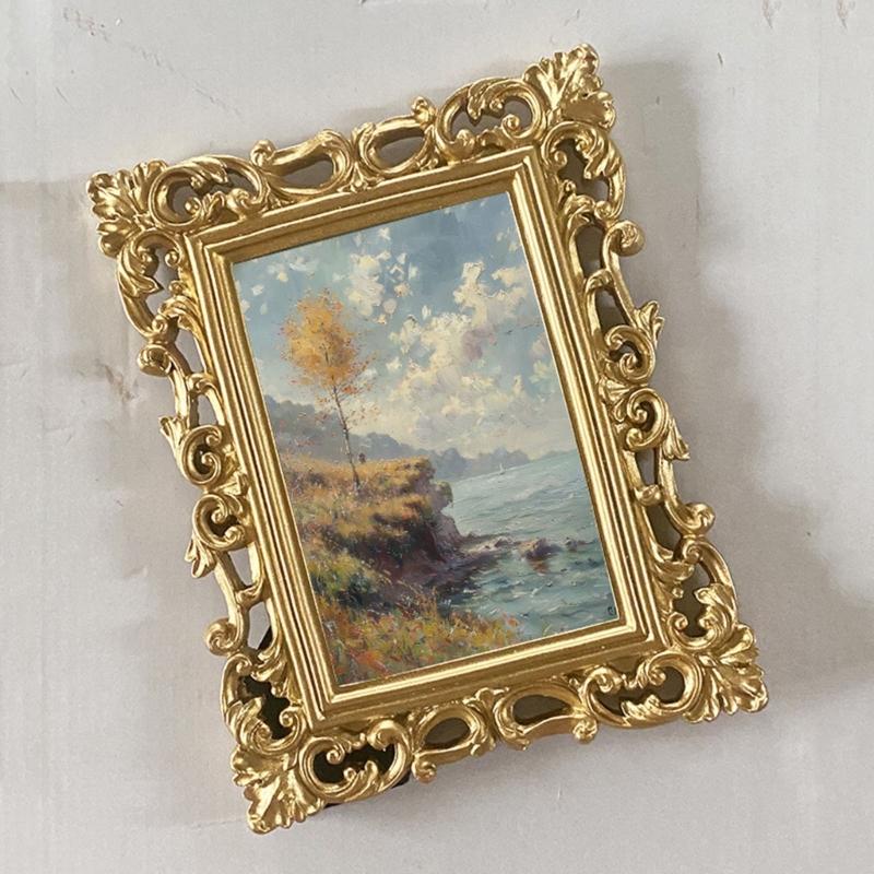 Small Photo Display Frame with Detailed Border and Gold Finish, Family Photo Accent for Bedroom, Living Room, or Entryway Use Home
