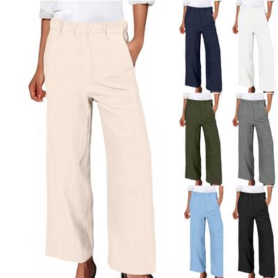 Women's Casual Fashion Solid Colour Cotton Linen Casual Pants Wide Leg Trousers Sweatpants With Pockets