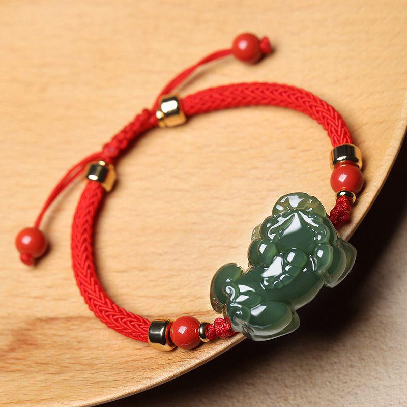 Pulsera Amuleto Pixiu Atractora de Riqueza de Jade Hetian para Parejas - Joyería de Cuerda de Mano de Jade y Cuentas para Mujeres y Hombres.