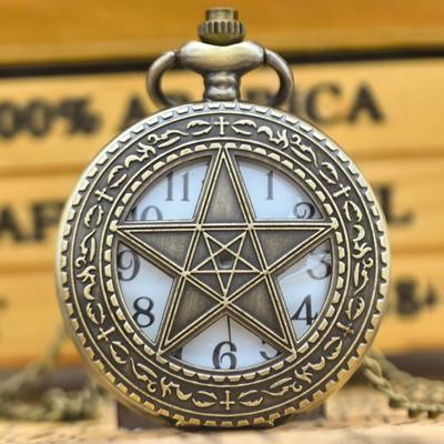 Vintage Bronze Clamshell Pentagram Hollow Carving Male Female Gift Quartz Pocket Watch