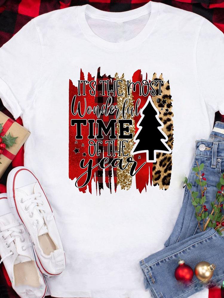 (Asian Size) Tee Top Festival  Merry Christmas New Year Holiday Casual Love Heart Plaid Women Print Lady Short Sleeve Fashion Graphic T-shirts