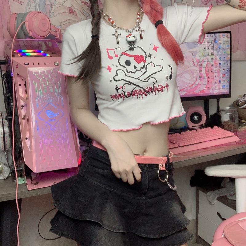 Harajuku Style Women Summer Short Sleeve Round Collar Skull Printed Bare Midriff Crop Top