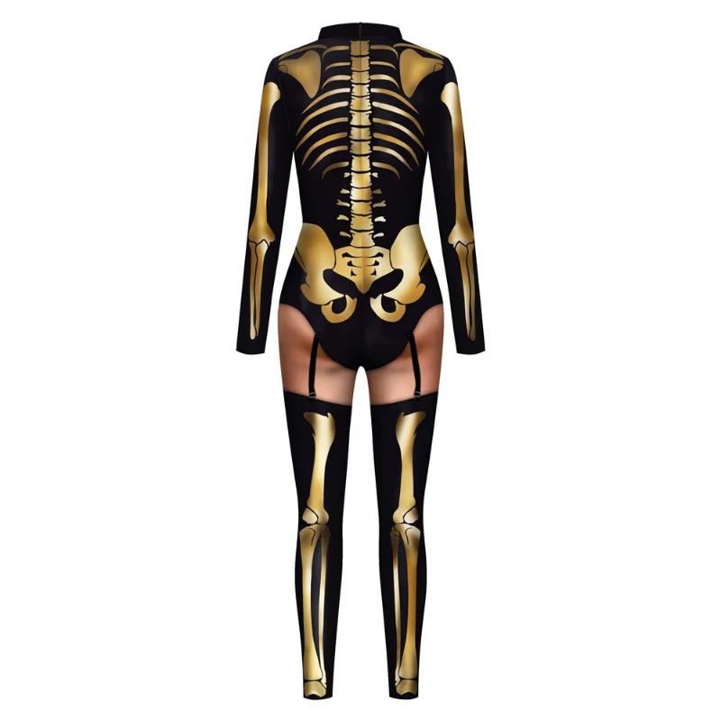 Purim Karneval Cosplay Kostüme Mode Body Totenkopf Skelett Druck Jumpsuit Lustiges Damenkostüm Sexy Catsuit Weiblich
