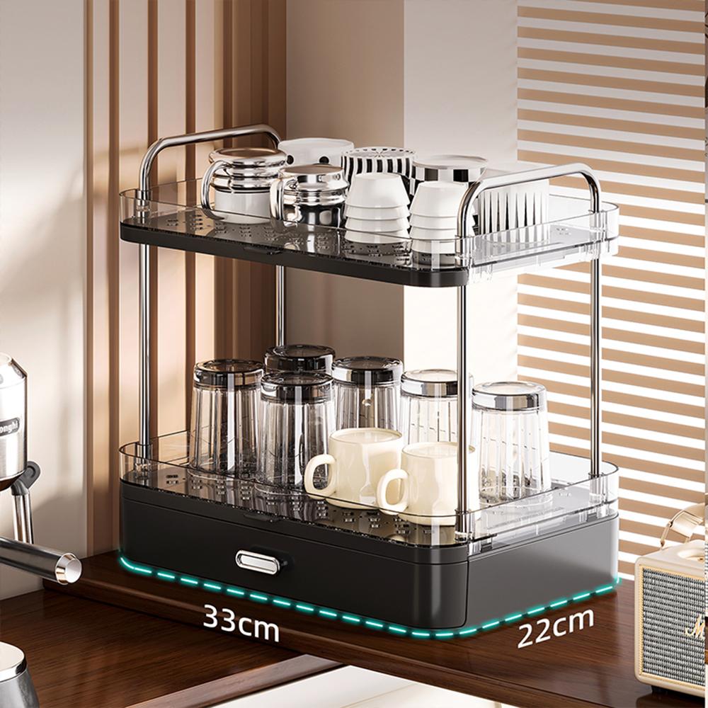 Double-layer Cup Rack with Drain Tray Rack for Kitchen Table Top Glass Cups Tea Cups, Coffee Cups and Water Cups Organizer Shelf