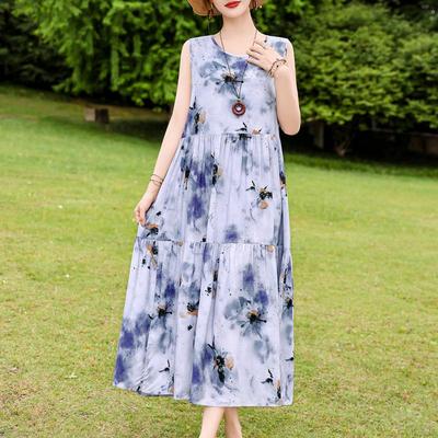 Elegantes ärmelloses Kleid für Damen in Übergröße, lockerer Vintage-Druck, langes Kleid, Sommerkleidung für Damen mittleren Alters