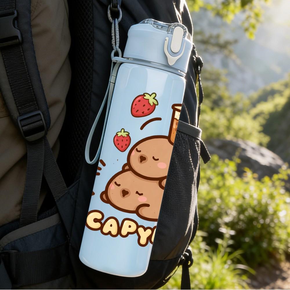 1PC Capybara Relax Fruit Cute Cartoon 750ml Color Plastic Sports Water Bottle Leakproof Flip Straw Lid Suitable for Sports Office Home Use