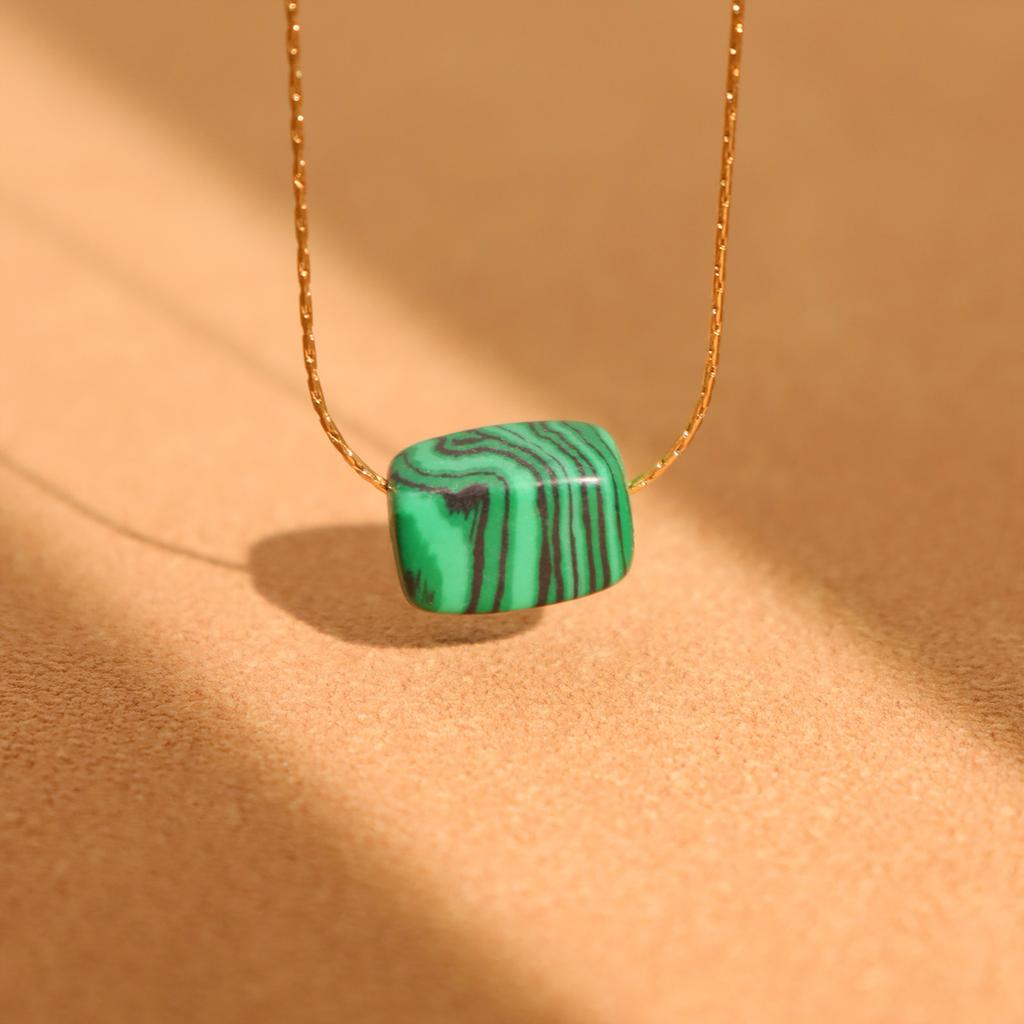 316 Stainless Steel Gold-Plated Fine Chain Fashion Necklace Square Natural Turquoise Pendant Necklace Women's Charm Zircon