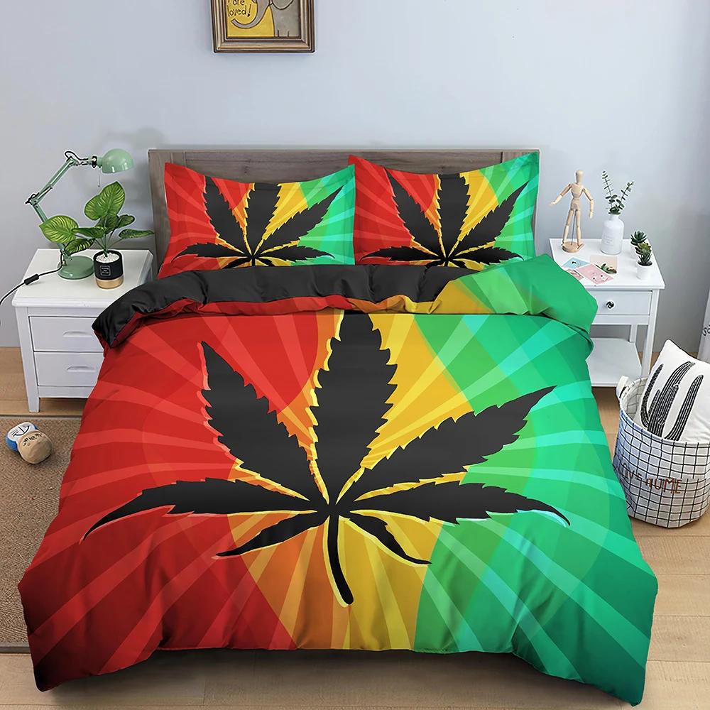 Maple Leaves King Queen Bedding Set Psychedelic Weed Leaf Duvet Cover Colorful Stripes 2/3Pcs Polyester Quilt Cover