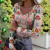 Women's Winter Slim-Fit Base Layer T-Shirt Fashionable Christmas Print V-Neck Pullover Long-Sleeved Top