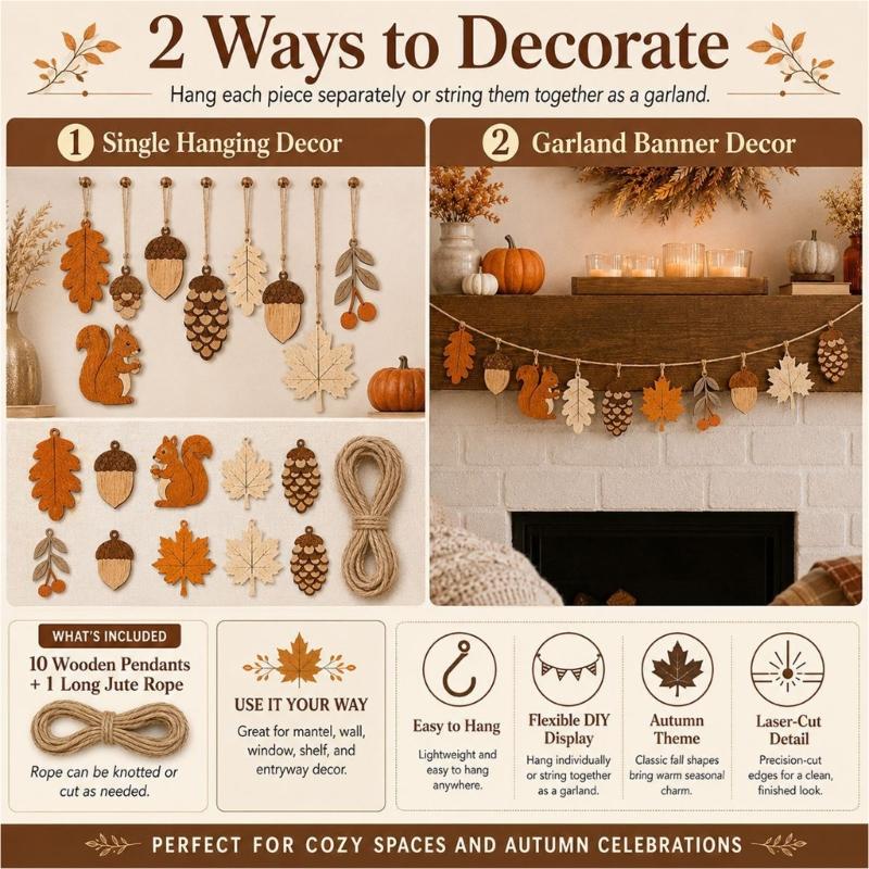 Thanksgiving Mantel Garlands with Wooden Autumn Pendants and Hanging Rope, Harvest Wall or Shelf Decors Banners for Indoor Seasonal Styling