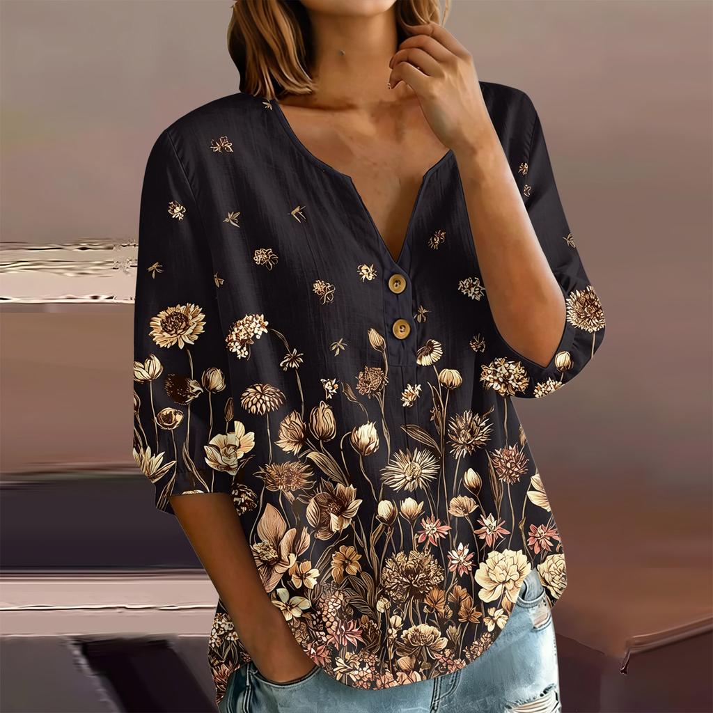 Women's Floral Print Henley Neck Button Front Shirt Three Quarter Sleeve Cotton Linen Blouse Casual Loose Fit
