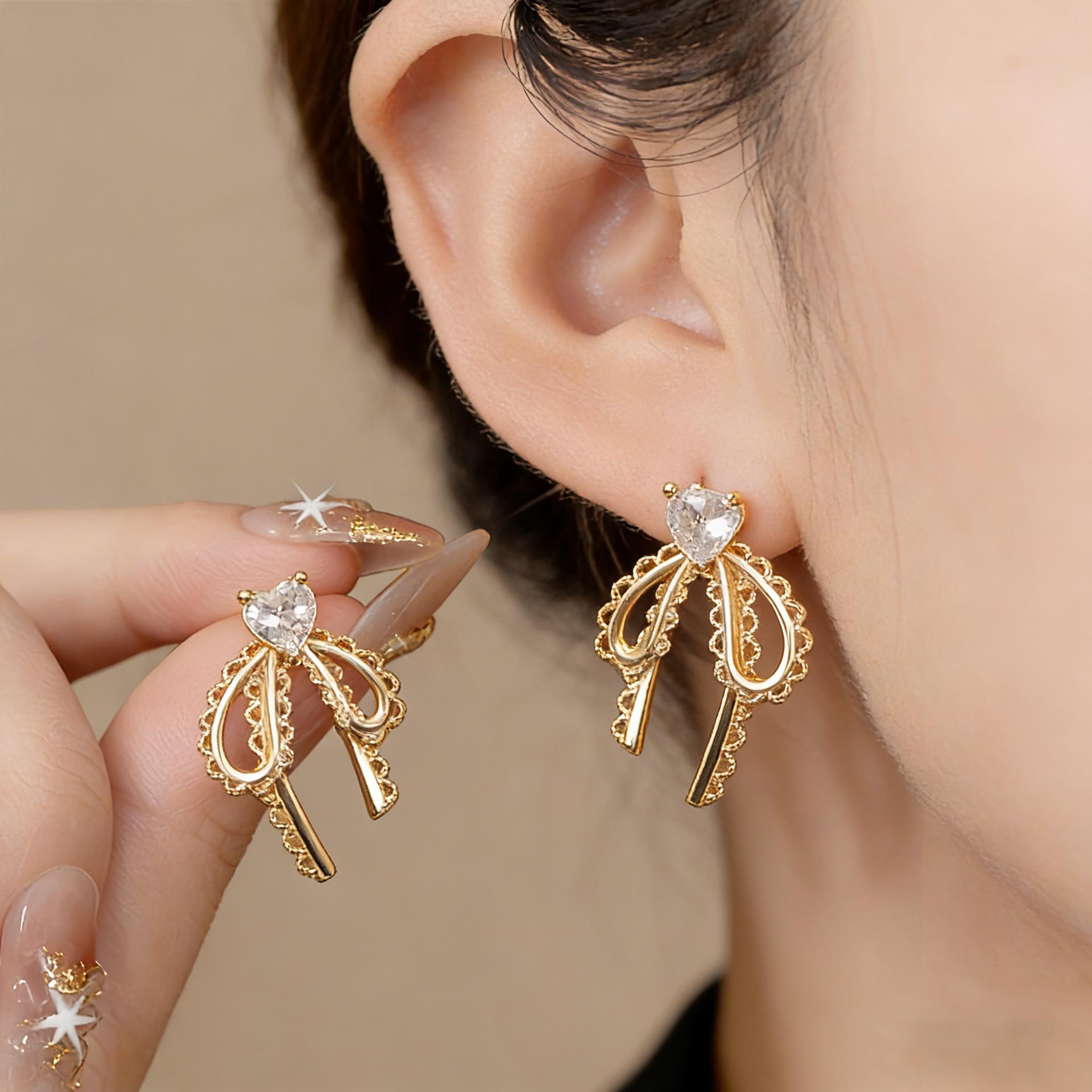 Lace Heart Zircon Bow Silver Earrings: Versatile Luxury Studs